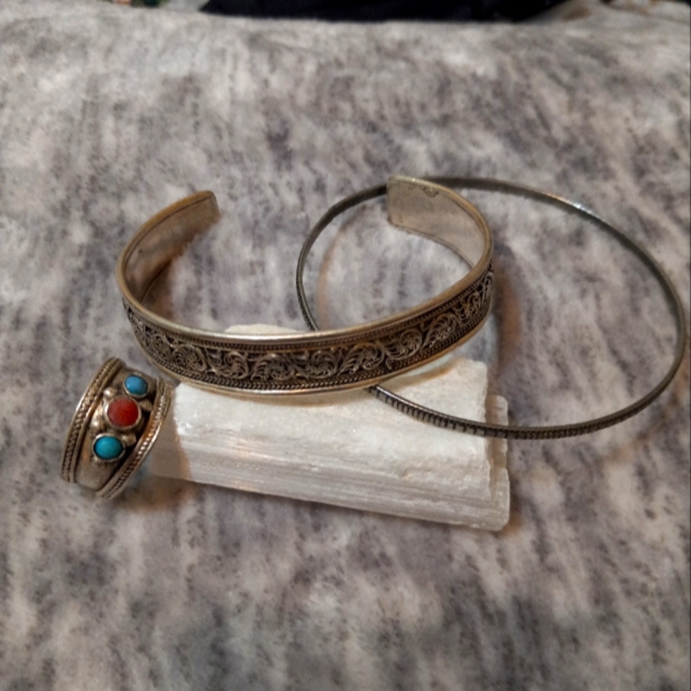 Three piece set: Two Bracelets and one Adj. Ring with stones